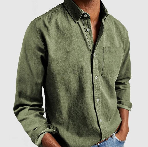 Men's button-down long sleeve denim shirt in a classic style, a must-have for men's casual fashion.
