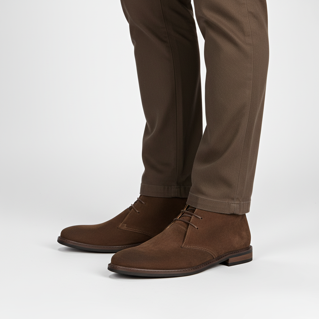 Close-up of durable suede on Men's Classic Desert Boots, highlighting vintage footwear & quality.