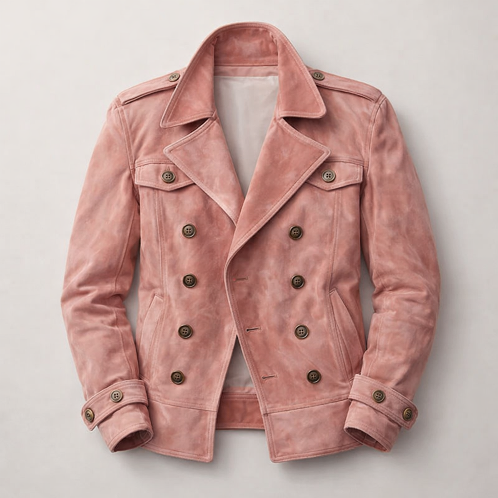 Elegant men's pink double-breasted coat. Tailored all-season jacket, versatile for any occasion.