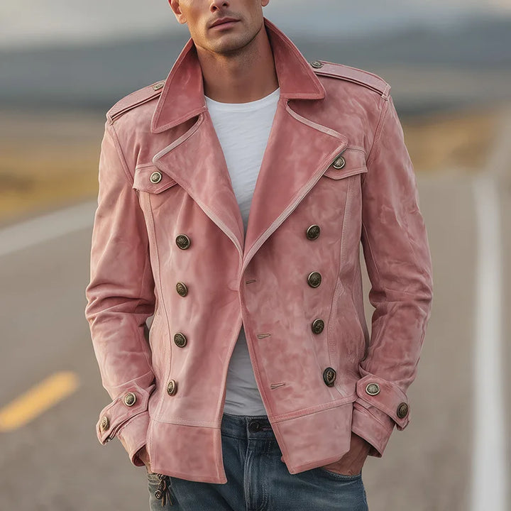 Men's elegant double-breasted pink coat. All-season outerwear, perfect for a unique tailored style.