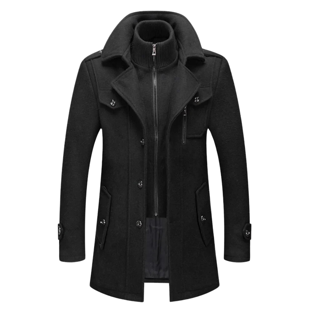 Men's classic double layer long coat, elegant and warm winter outerwear, perfect for business casual.