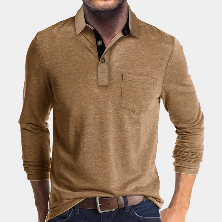Stylish Men's Long Sleeve Polo, Classic Fit with chest pocket. Perfect for a comfortable, smart casual look.