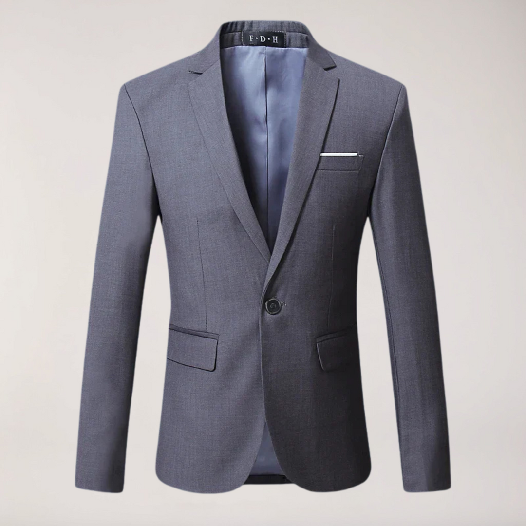 Close-up of classic men's formal tailored blazer fabric. Professional, sophisticated texture detail for business wear.