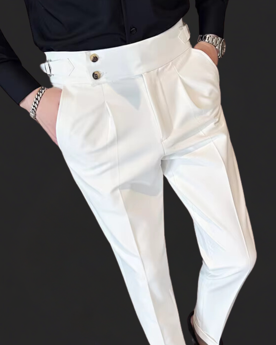 Tailored men's Gurkha dress pants, adjustable waist & pleated front, perfect for smart casual & formal fashion.
