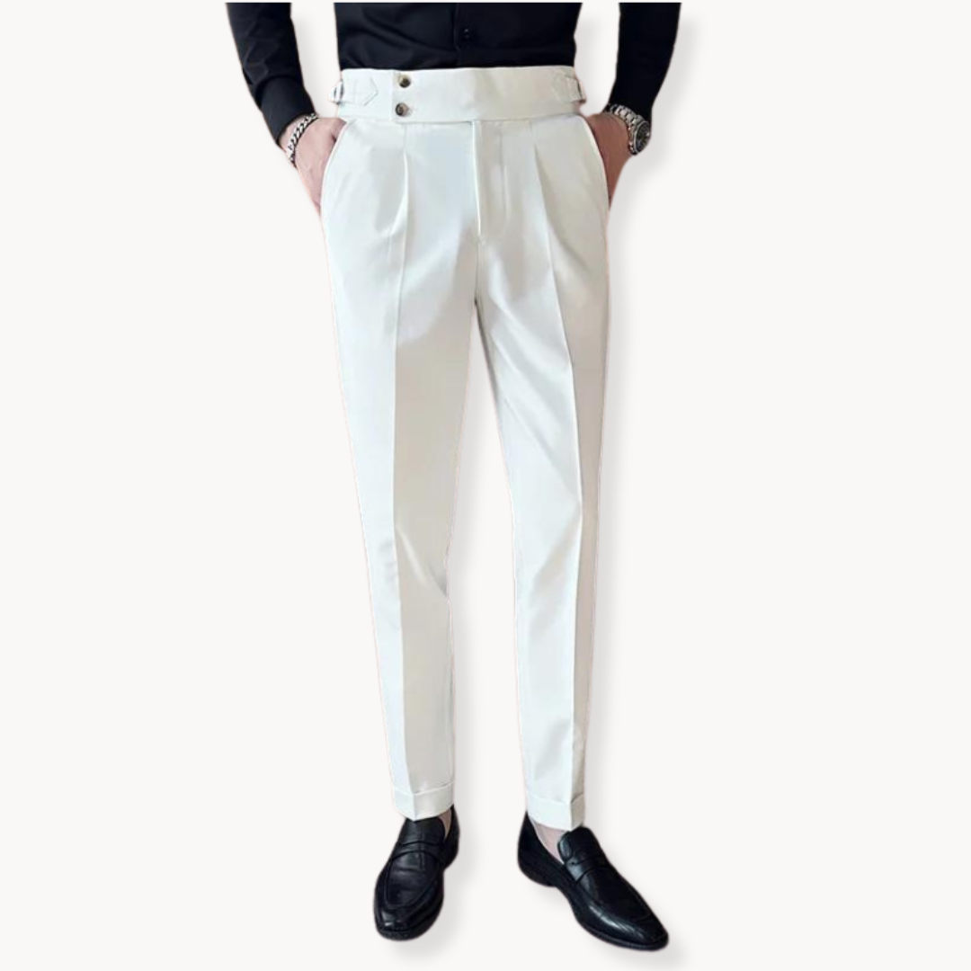 Elegant men's pleated Gurkha dress trousers, classic style, ideal for sophisticated formal wear or smart casual looks.