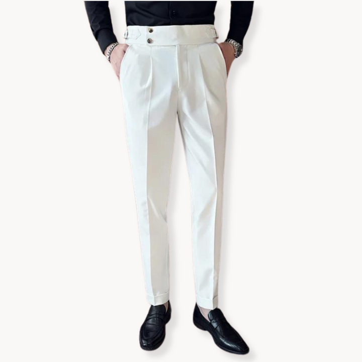 Elegant men's pleated Gurkha dress trousers, classic style, ideal for sophisticated formal wear or smart casual looks.