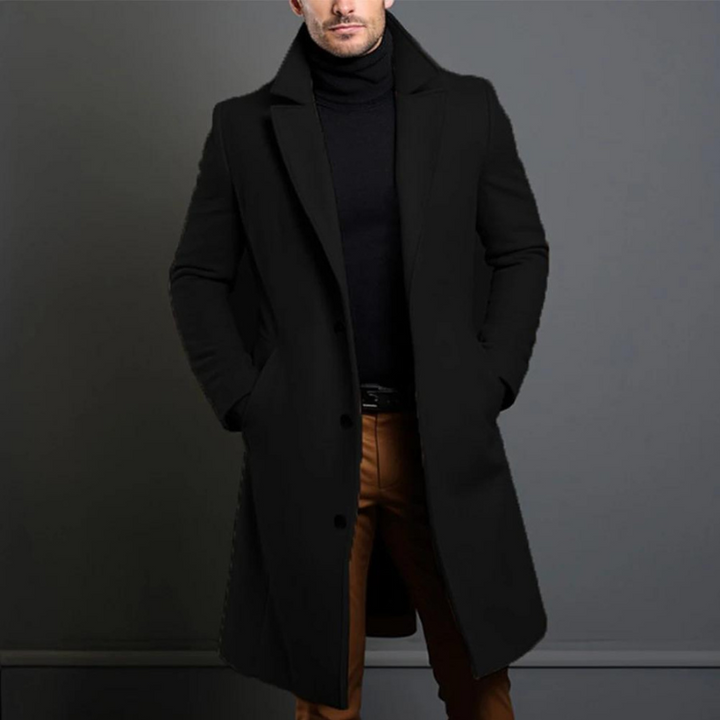 Tailored men's long winter coat with a classic lapel design, versatile outerwear for men.