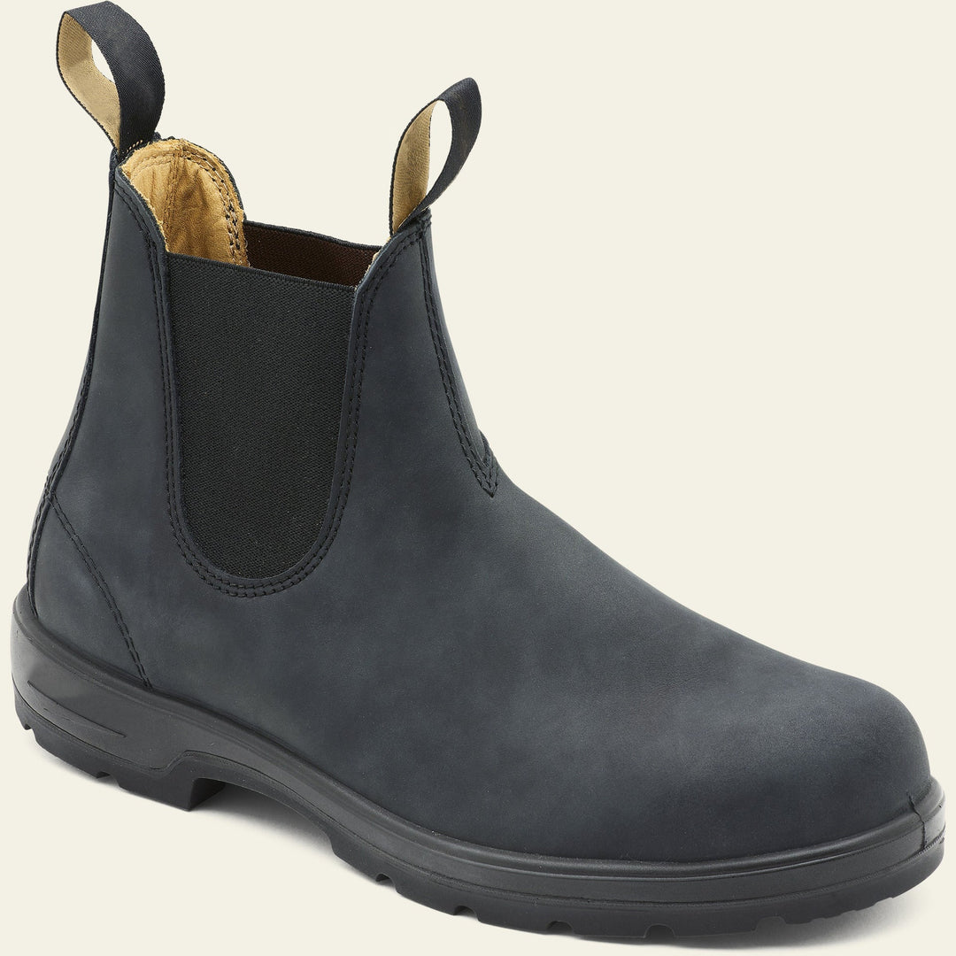 Close-up of men's black leather Chelsea boots, showcasing smooth finish, perfect for dress or everyday wear.