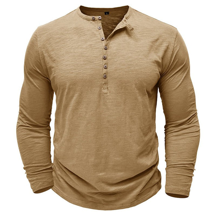 Men's versatile long-sleeve henley shirt, ideal for lounging or active use.