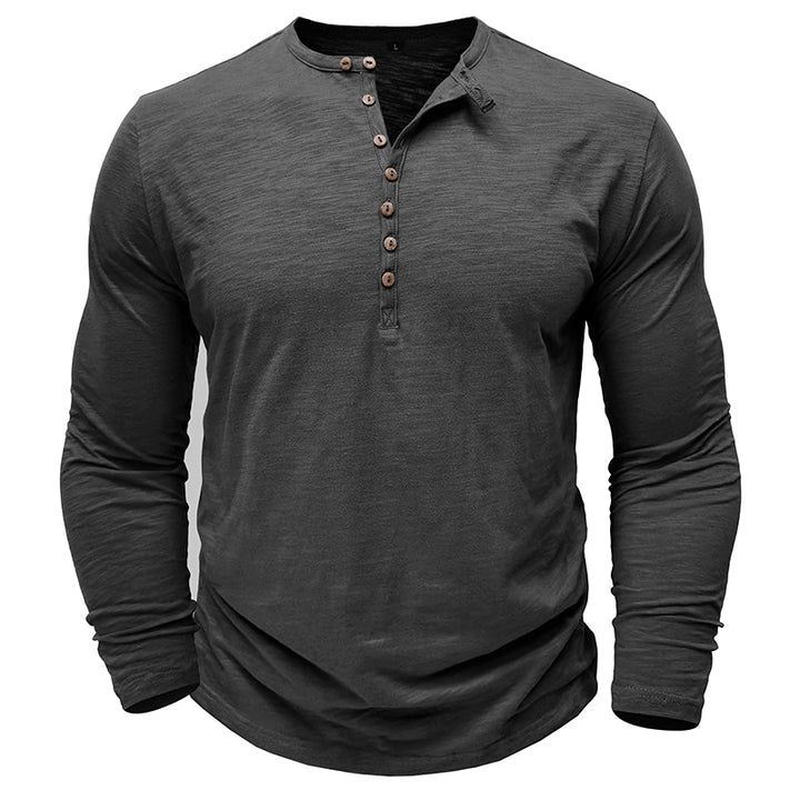 Breathable men's long-sleeve henley, suitable for year-round wear.