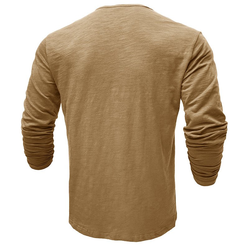 Detailed shot of the fabric texture of a comfortable men's henley top.