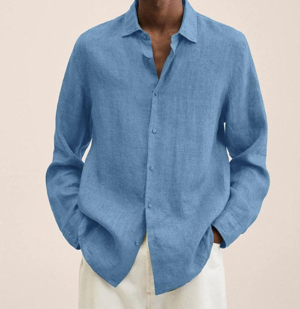 Relaxed fit men's long sleeve summer shirt in breathable fabric, ideal for casual men's fashion.