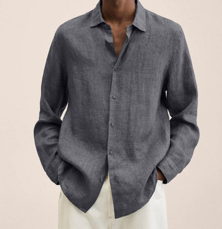 Breathable men's long sleeve summer shirt, relaxed fit, and classic collar, offering effortless summer style.