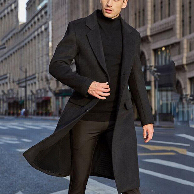 Men's classic long wool winter coat 'Tobias' in black, perfect for formal and business cold weather outerwear.
