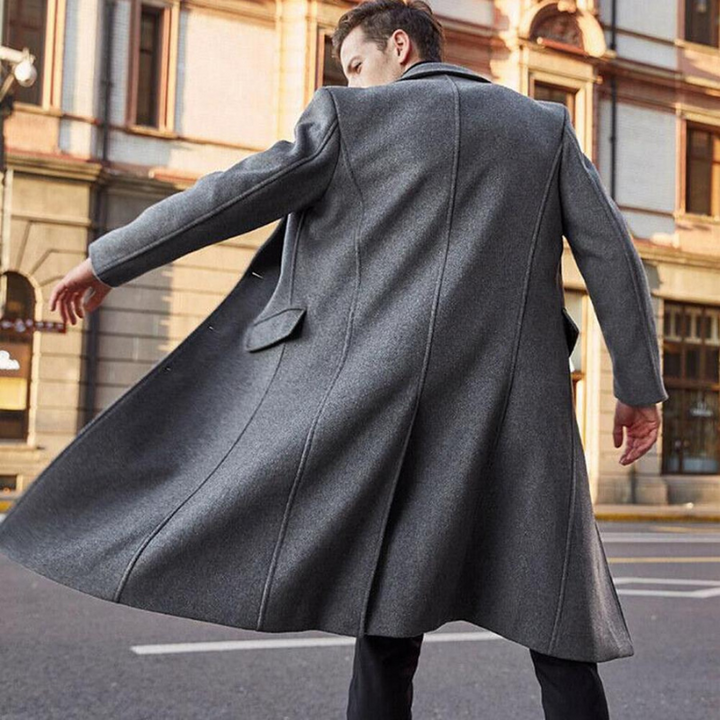 Elegant men's longline winter coat, 'Tobias' style, suitable for business, formal, or casual cold weather outfits.