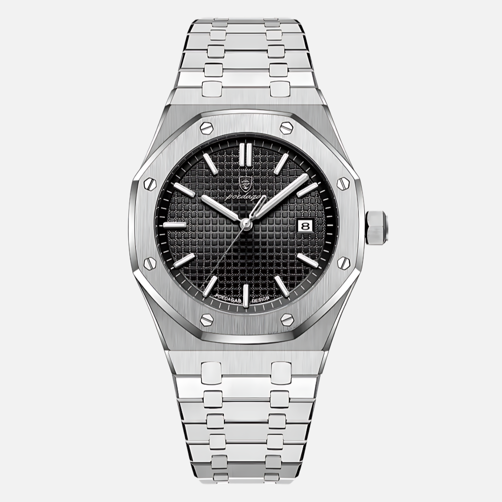 Close-up of a men's quartz watch dial, showcasing clear Roman numerals & precision hands for classic timekeeping.