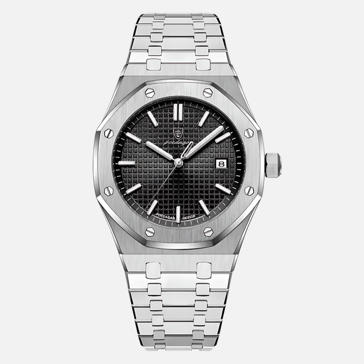 Close-up of a men's quartz watch dial, showcasing clear Roman numerals & precision hands for classic timekeeping.