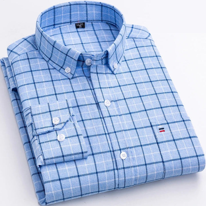 Men's classic red & black checkered button-down shirt, long sleeve, cotton blend, perfect for casual wear.
