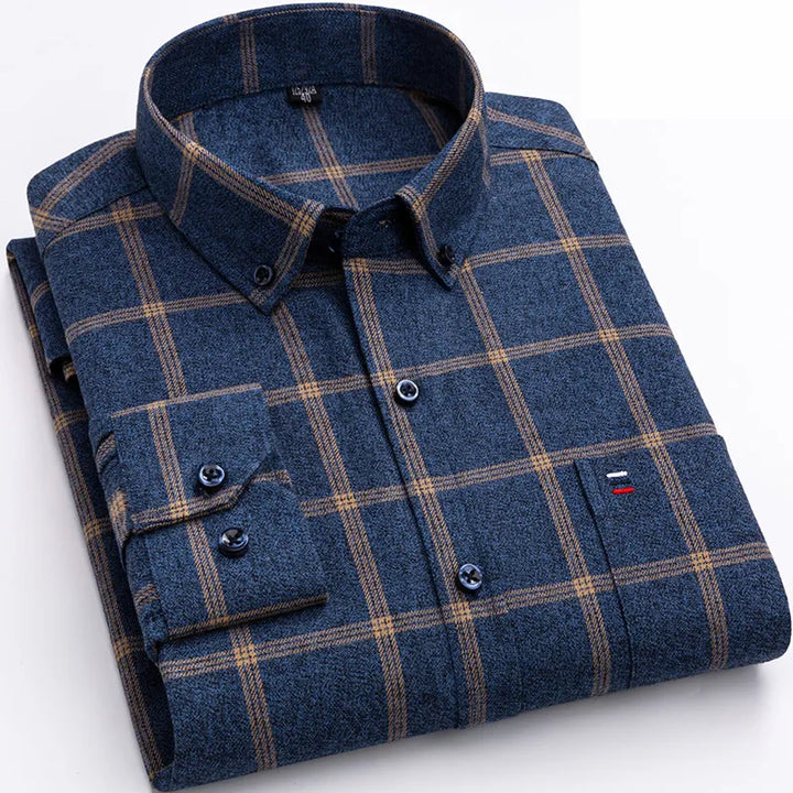 Close-up of a men's stylish checkered button-down shirt with high-quality fabric texture and buttons.