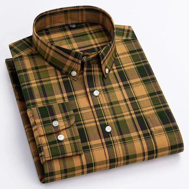 Men's classic red & black plaid button down shirt, perfect for casual wear & versatile styling