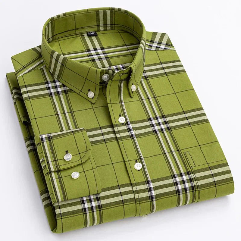 Stylish man wearing a comfortable men's plaid button down shirt, suitable for fall fashion