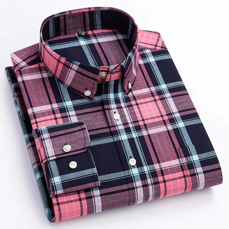 Men's green and black plaid button down shirt laid flat, highlighting its casual comfort and style