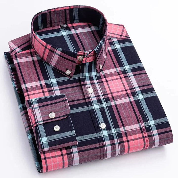 Men's green and black plaid button down shirt laid flat, highlighting its casual comfort and style