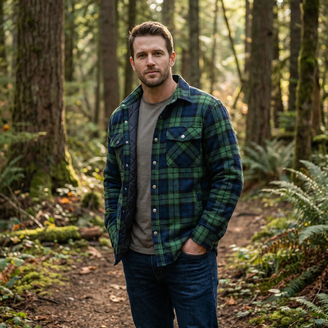 Men's classic red & black plaid lumberjack jacket for winter warmth & retro style.