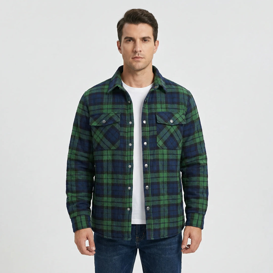 Warm men's plaid lumberjack jacket with quilted lining, perfect casual outerwear for fall & winter.