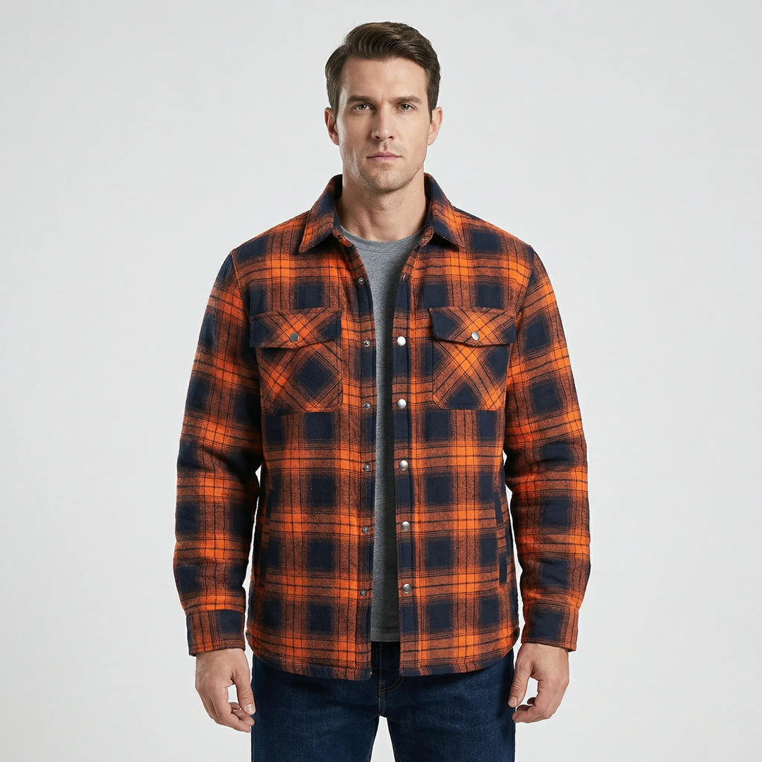 Durable red & black plaid men's lumberjack jacket, ideal casual winter coat with quilted lining.