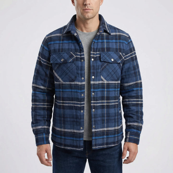 Men's warm lumberjack jacket featuring classic plaid design, quilted lining, and rugged fall/winter style.