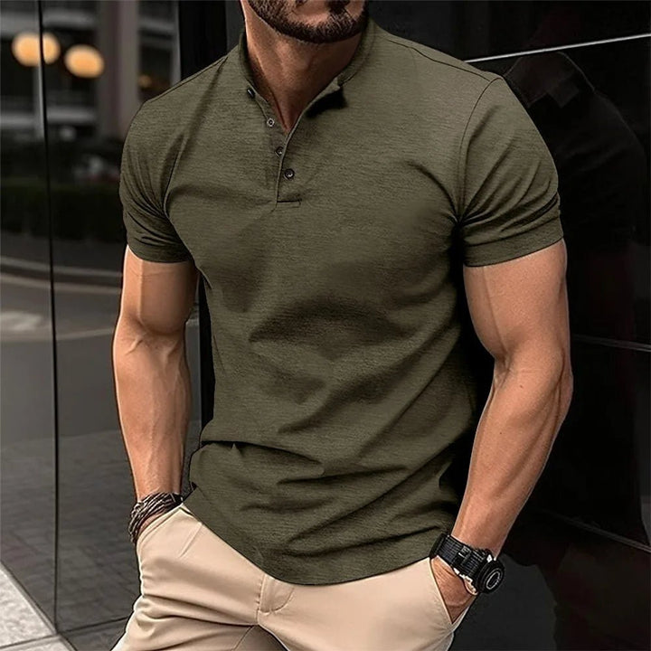 Relaxed fit men's short sleeve Henley top, comfortable and versatile for everyday summer style.