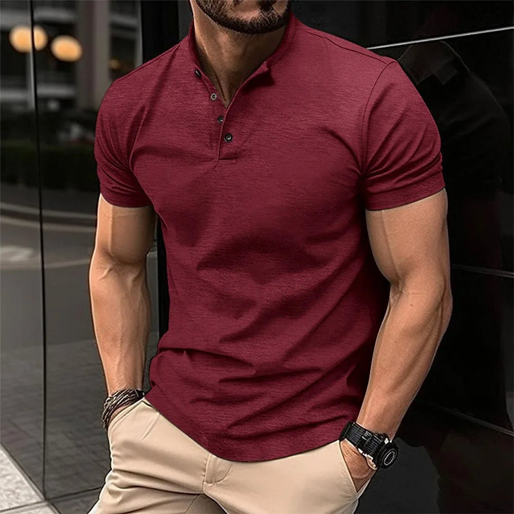 Classic men's short sleeve Henley shirt, an ideal button-up top for comfortable and versatile summer outfits.