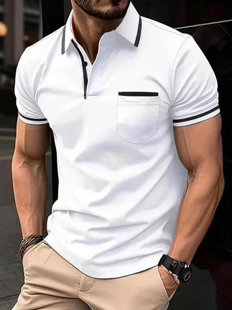 Men's classic short sleeve polo shirt with chest pocket, versatile for casual and work wear.