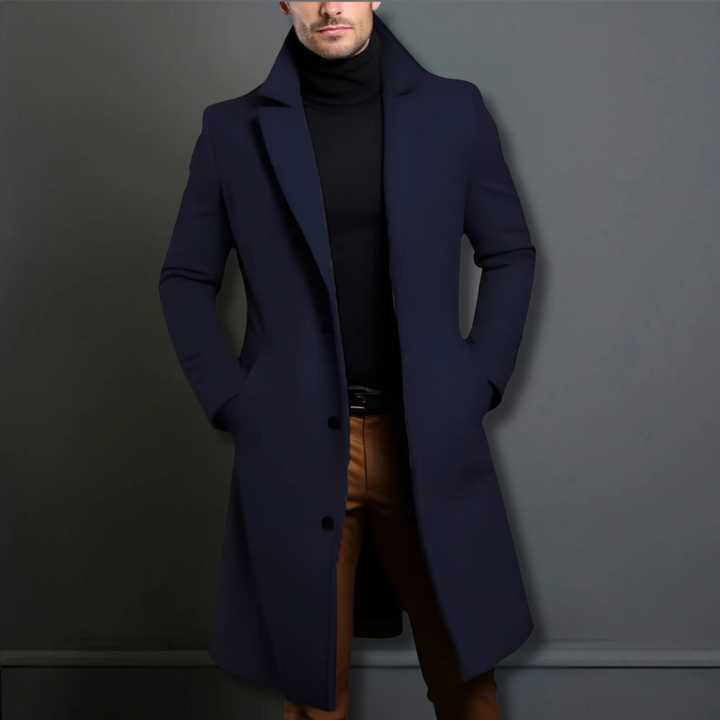 Sleek men's single-breasted overcoat, ideal business attire & smart casual outerwear. Modern classic tailored trench coat.