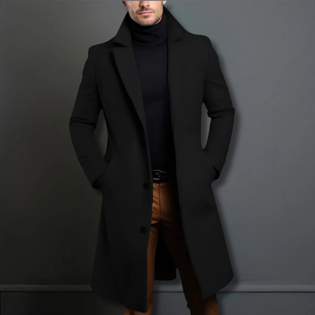 High-quality men's single-breasted overcoat, stylish long outerwear for formal and smart casual fashion. Elegant tailored coat.