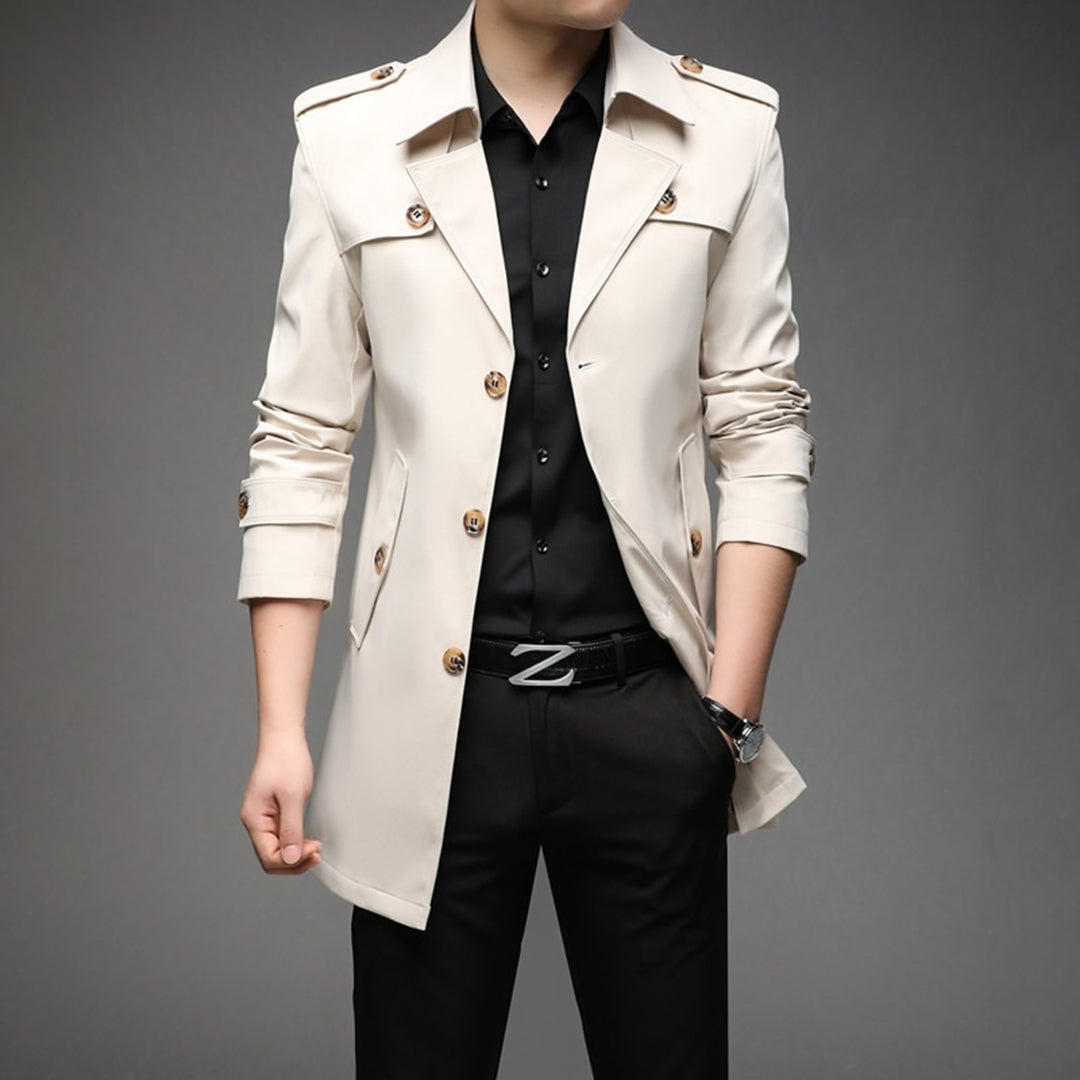 Men's classic single breasted trench coat in a lightweight fabric, ideal for spring outerwear.
