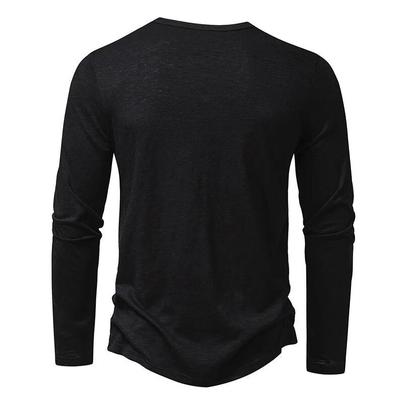 Men's casual long sleeve henley with a classic button placket and flattering slim fit design.