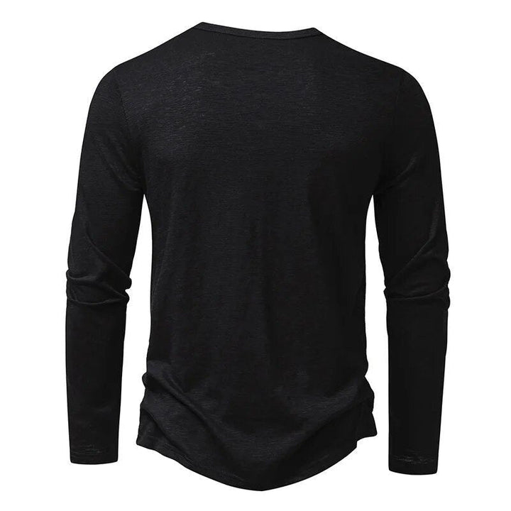 Men's casual long sleeve henley with a classic button placket and flattering slim fit design.