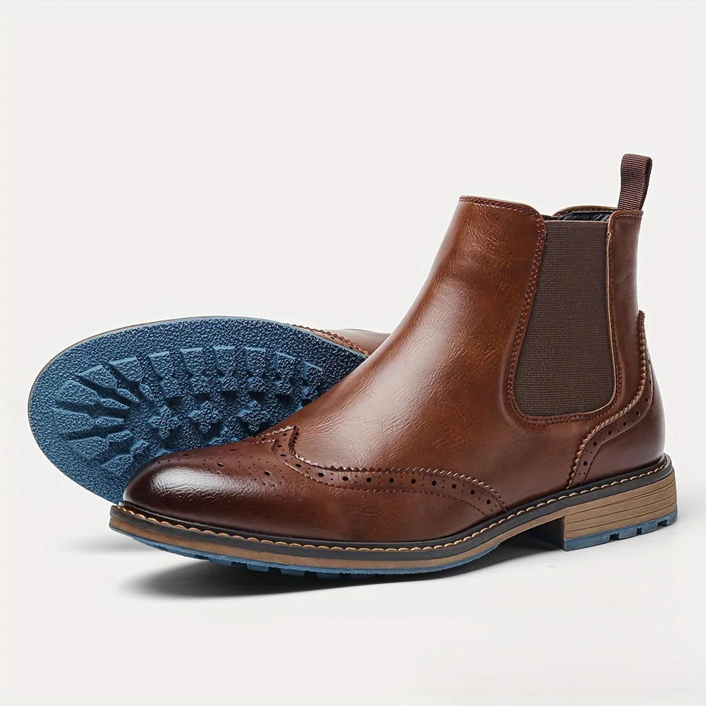 Side angle of men's leather Chelsea boots, highlighting the sleek silhouette and slip-on style