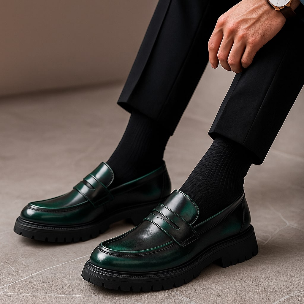 Men's classic penny slip-on loafers. Comfortable and elegant formal footwear, also suitable for casual style.
