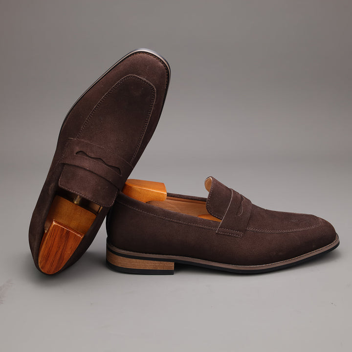 Men's classic slip-on loafers in dark brown leather, perfect for casual or dressy occasions, comfortable style.