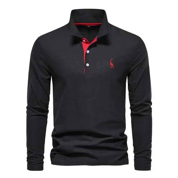 Men's classic solid long-sleeve polo shirt, versatile for casual or smart-casual everyday style. Button placket, comfortable fit.