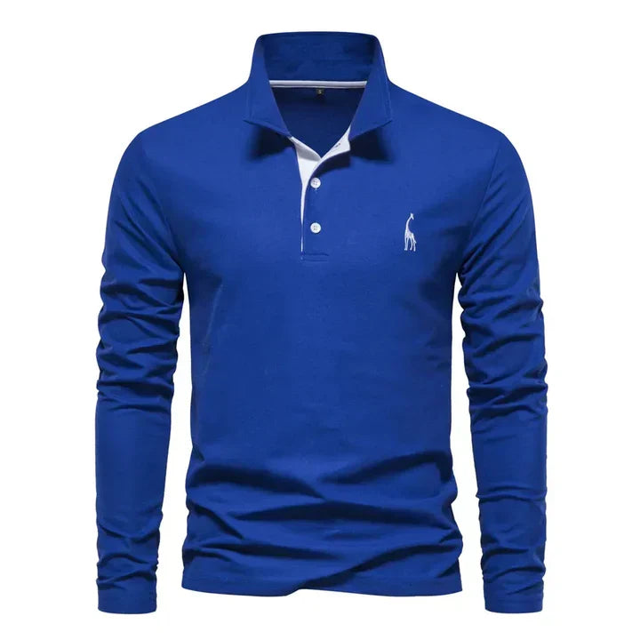 Comfortable men's long-sleeve regular fit polo shirt with button placket, perfect for versatile everyday wear.