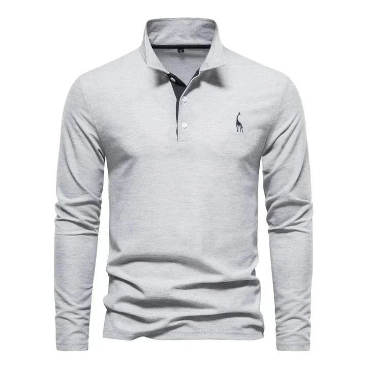 Solid color men's long-sleeve polo shirt, featuring a classic button placket & regular fit for modern men's fashion.