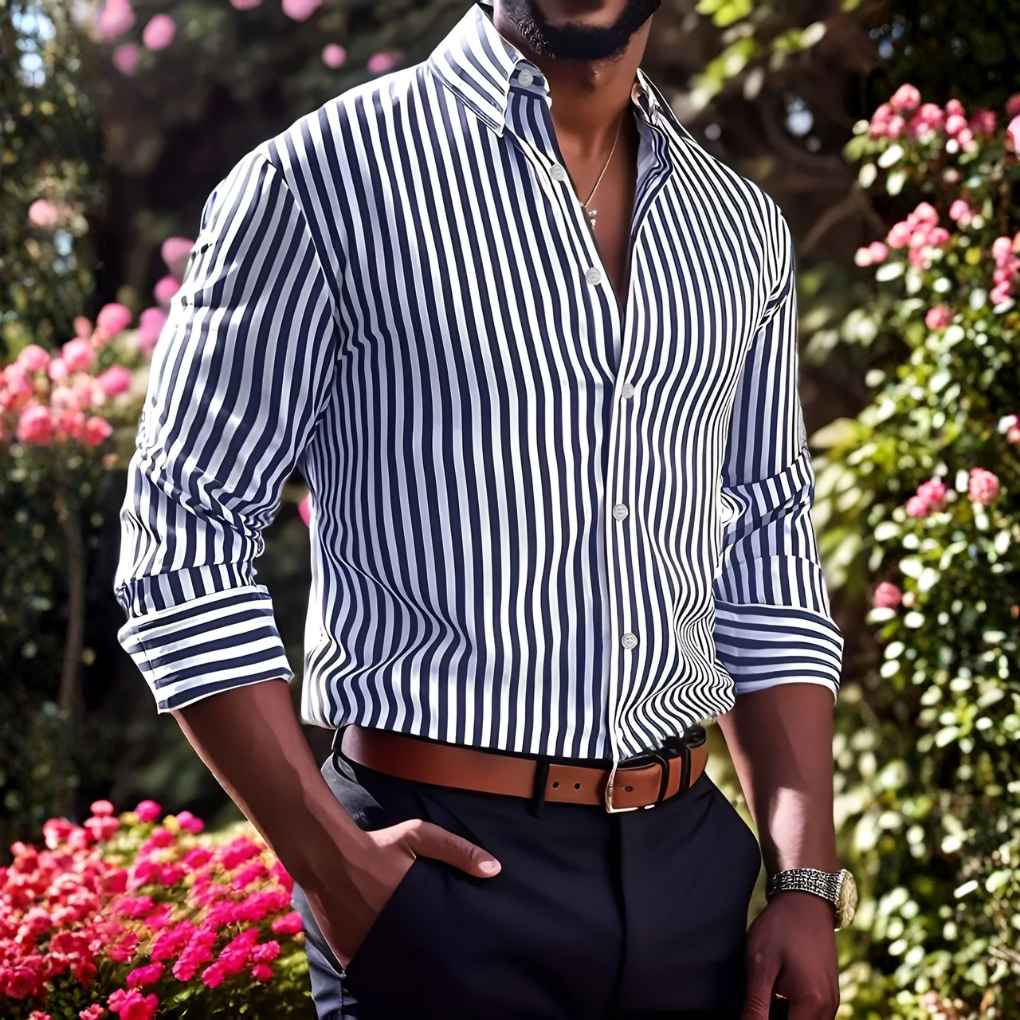 Men's classic striped button-down shirt, long sleeve, perfect for versatile everyday and work style.