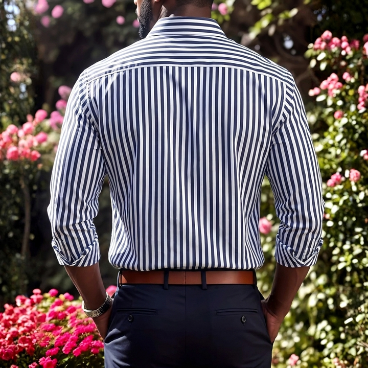 Casual men's striped button-down shirt. Comfortable long sleeve top for everyday fashion and relaxed outfits.