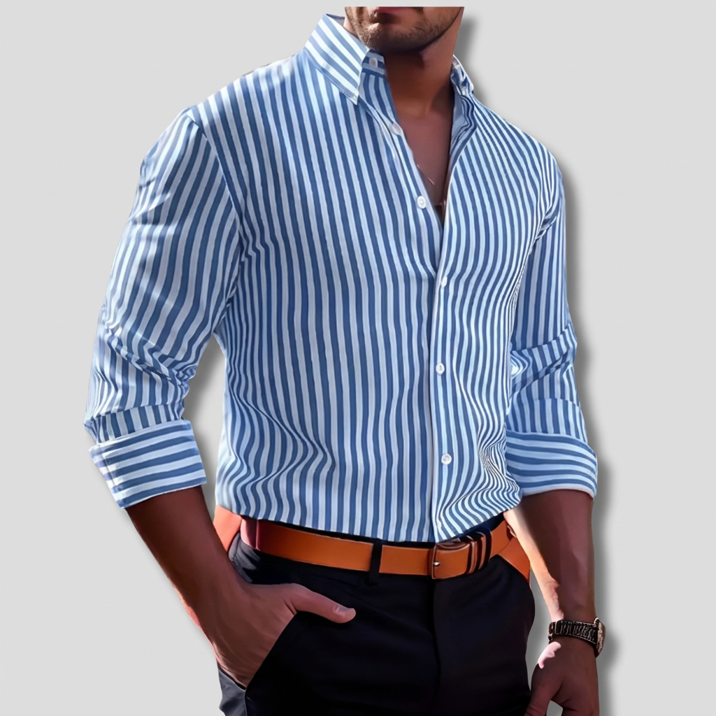 Close-up of men's classic striped button-down shirt fabric, showing quality material and button details.