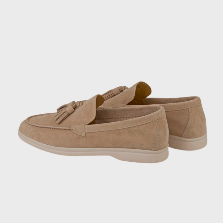 Overhead view of Men's Classic Suede Tassel Loafers, presenting the full upper and stylish suede texture.