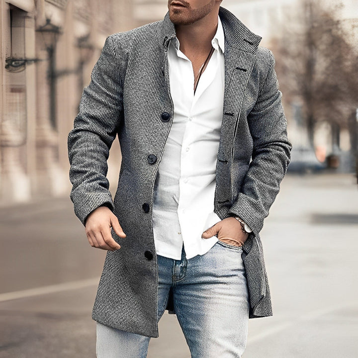 Men's classic tailored long button-up overcoat in wool blend, perfect for winter and fall fashion.